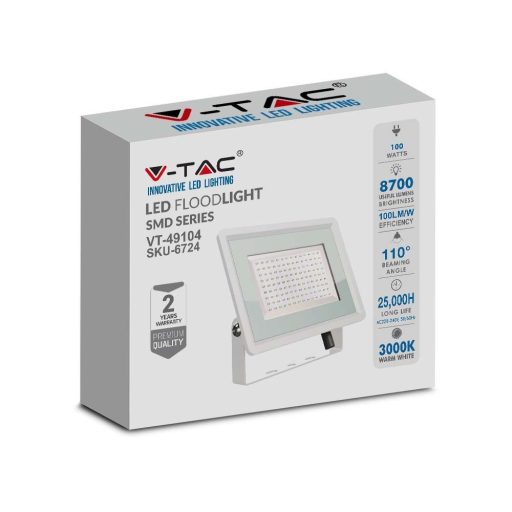 V-TAC 100W LED reflektor 100° 3000K fehér házas E széria - 6724