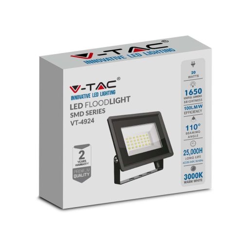 V-TAC 20W LED reflektor 100° 3000K fekete házas F széria - 6737