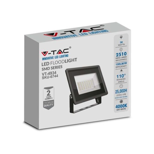 V-TAC 30W LED reflektor 100° 4000K fekete házas E széria - 6744
