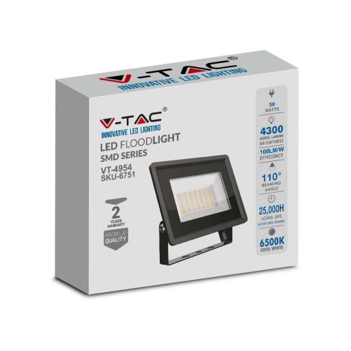 V-TAC 50W LED reflektor 100° 6400K fekete házas E széria - 6751