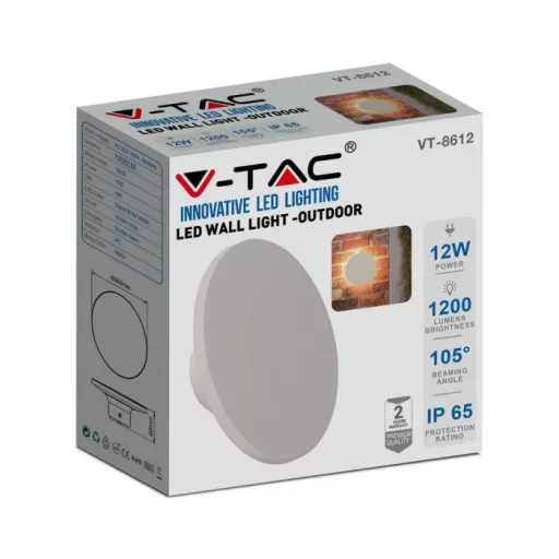 V-TAC 12W led indirekt fali lámpatest kerek, fehér 3000K - IP65 - 6785