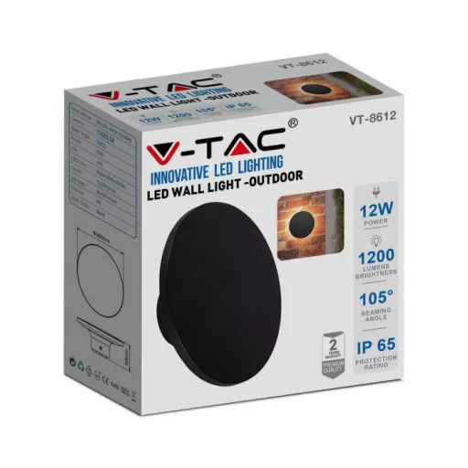 V-TAC 12W led indirekt fali lámpatest kerek, fekete 3000K - IP65 - 6787