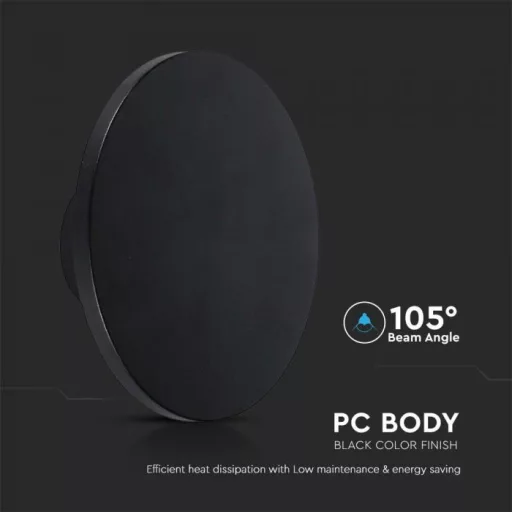 V-TAC 12W led indirekt fali lámpatest kerek, fekete 3000K - IP65 - 6787
