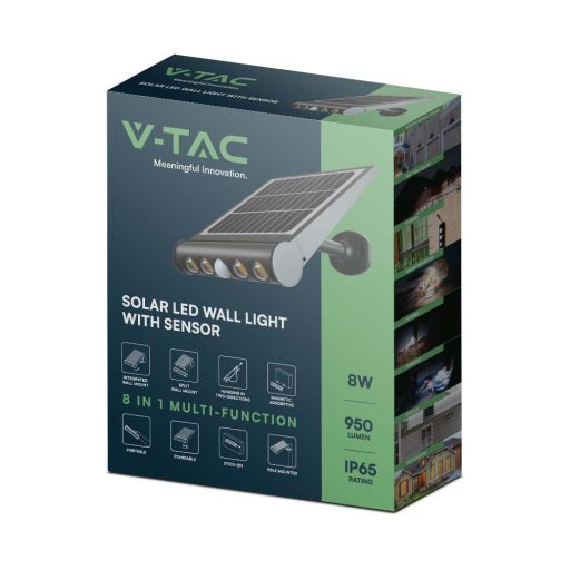 V-TAC 8W LED napelemes (SOLAR) fali lámpa 120° 3000K fekete házas  - 6844
