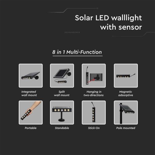 V-TAC 8W LED napelemes (SOLAR) fali lámpa 120° 3000K fekete házas  - 6844