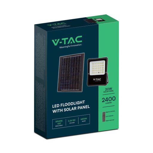 V-TAC 20W LED napelemes (SOLAR) reflektor távirányítóval 120° 6400K fekete házas  - 6970
