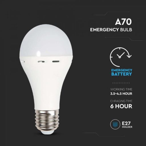 V-TAC LED izzó  VÉSZVILÁGÍTÓ FUNKCIÓVAL, KÉSZENLÉTI AKKUMULÁTORRAL E27 A70 9W 200° 4000K GÖMB- 7010
