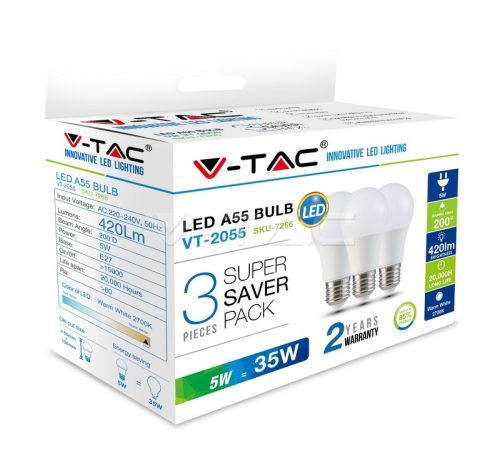 V-TAC LED lámpa csomag (3 db) E27 A55 5W 200° 2700K gömb - 7266