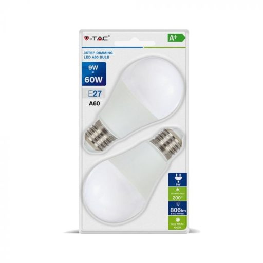 V-TAC 3 lépésben dimmelhető LED izzó  csomag (2 db) E27 A60 9W 200° 4000K gömb - 7289