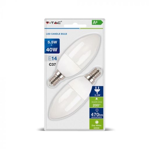 V-TAC LED izzó  csomag (2 db) E14 C37 5.5W 200° 6400K gyertya - 7293