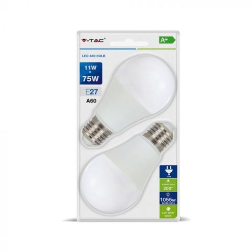 V-TAC LED izzó  csomag (2 db) E27 A60 11W 200° 2700K gömb - 7297