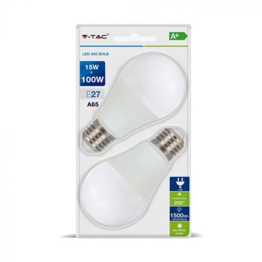 V-TAC LED izzó  csomag (2 db) E27 A65 15W 200° 6400K gömb - 7302
