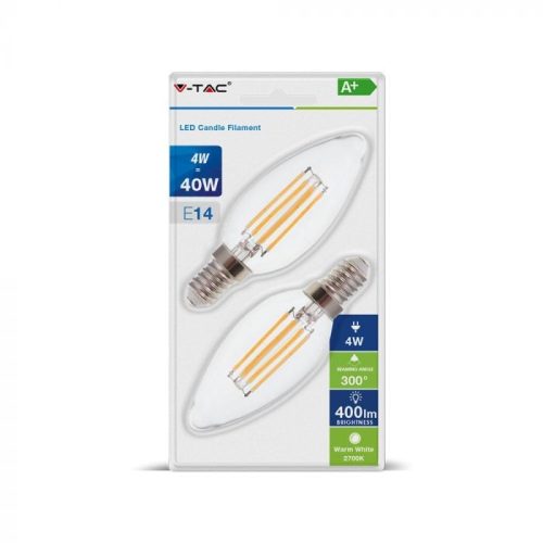 V-TAC Átlátszó LED filament COG lámpa csomag (2db) E14 C35 4W 2700K gyertya - 7365