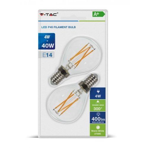 V-TAC Átlátszó LED filament COG lámpa csomag (2db) E14 P45 4W 2700K kisgömb - 7366