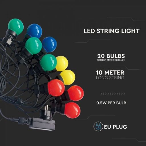 V-TAC 20 x 0.5W LED Fényfüzér 10m 20 izzó EU RGBY - 7438