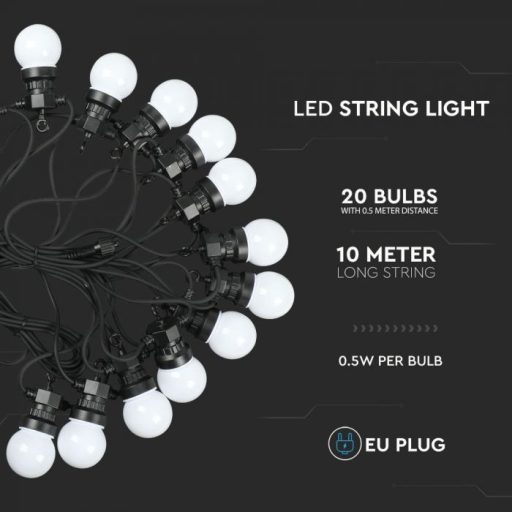 V-TAC 20 x 0.5W LED Fényfüzér 10m 20 izzó EU 6000K - 7440