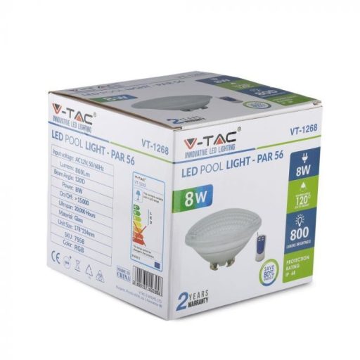 V-TAC LED spotlámpa medence lámpa  távirányítóval PAR56 12W 12V 120° RGB IP68 kör - 7562
