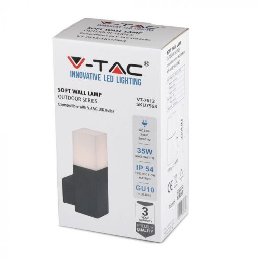 V-TAC GU10 Kerti fali lámpa, négyzet, fekete 121x80x250mm IP54 - 7563