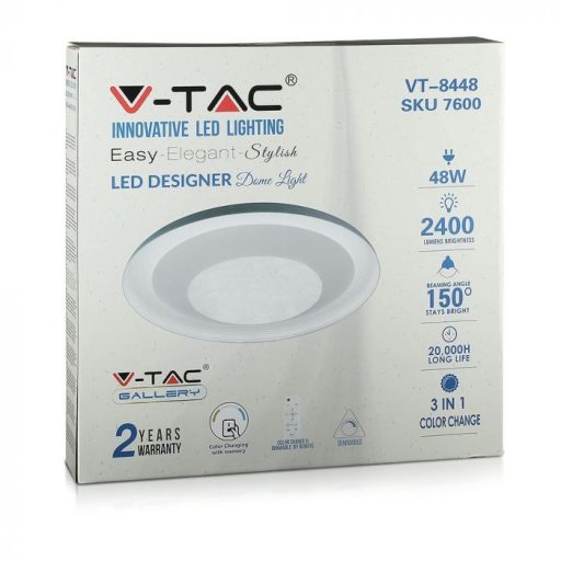 V-TAC Led 48W Mennyezeti lámpa+RF távirányító, időzítő, kristály hatás, 3-1ben - 7600