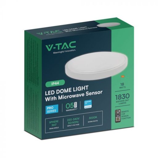 V-TAC LED mennyezeti lámpa 18W 3000K IP44 (SAMSUNG CHIP) Mikrohullámú mozgásérzékelővel, Fehér, Kör - 76591-24
