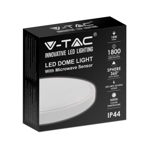 V-TAC LED mennyezeti lámpa 18W 3000K IP44 Mikrohullámú mozgásérzékelővel, Fehér, Kör - 7659