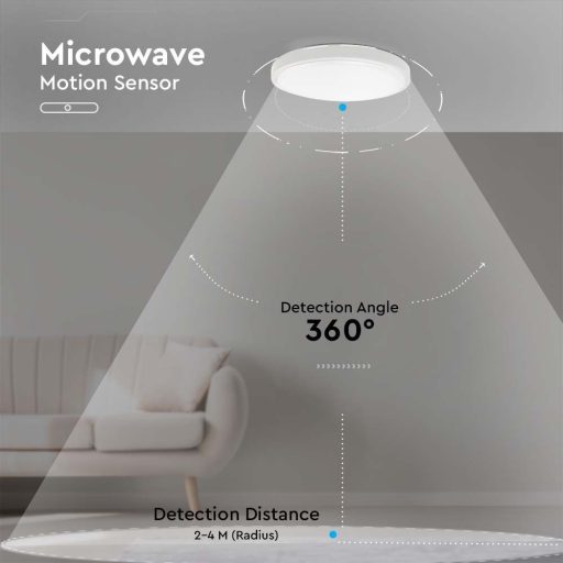 V-TAC LED mennyezeti lámpa 18W 3000K IP44 Mikrohullámú mozgásérzékelővel, Fehér, Kör - 7659