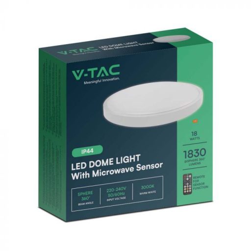 V-TAC LED mennyezeti lámpa távirányítóval 18W 4000K IP44 Mikrohullámú mozgásérzékelővel, Fehér, Kör - 76601