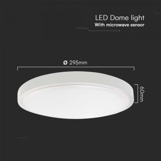 V-TAC LED mennyezeti lámpa 18W 6500K IP44 (SAMSUNG CHIP) Mikrohullámú mozgásérzékelővel, Fehér, Kör - 76611-24