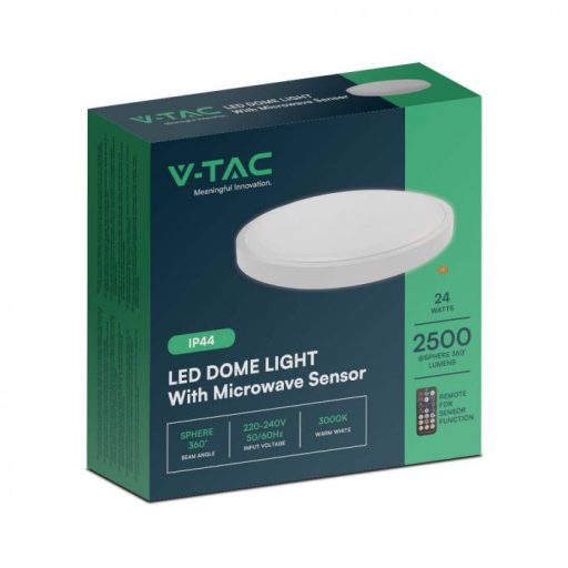 V-TAC LED mennyezeti lámpa távirányítóval 24W 3000K IP44 mikrohullámú mozgásérzékelővel, fehér, kör - 76621