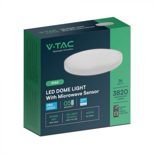 V-TAC LED mennyezeti lámpa 36W 4000K IP44 (SAMSUNG CHIP) mikrohullámú mozgásérzékelővel, fehér, kör - 76651-24
