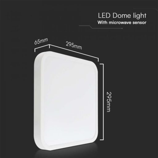 V-TAC LED mennyezeti lámpa 18W 4000K IP44 (SAMSUNG CHIP) Mikrohullámú mozgásérzékelővel, Fehér, Négyzet - 76661-24