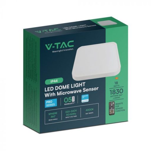 V-TAC LED mennyezeti lámpa 18W 4000K IP44 (SAMSUNG CHIP) Mikrohullámú mozgásérzékelővel, Fehér, Négyzet - 76661-24