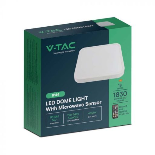 V-TAC LED mennyezeti lámpa távirányítóval 18W 4000K IP44 Mikrohullámú mozgásérzékelővel, Fehér, Négyzet - 76661