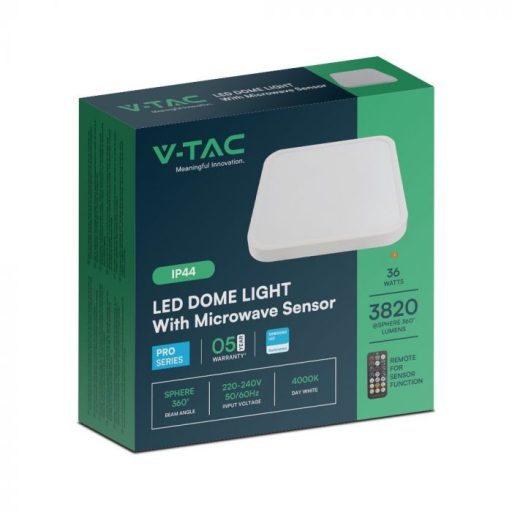 V-TAC LED mennyezeti lámpa 36W 4000K IP44 (SAMSUNG CHIP) Mikrohullámú mozgásérzékelővel, Fehér, Négyzet - 76681-24