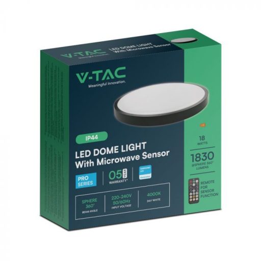 V-TAC LED mennyezeti lámpatest 18W 4000K IP44 (SAMSUNG CHIP) mikrohullámú mozgásérzékelővel, fekete, kör - 76691-24