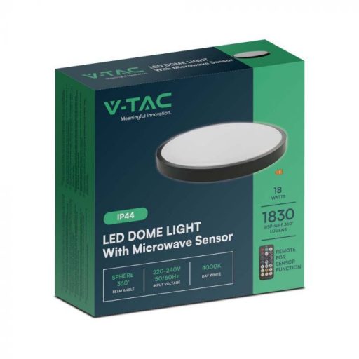 V-TAC LED mennyezeti lámpa távirányitóval 18W 4000K IP44 Mikrohullámú mozgásérzékelővel, Fekete, Kör - 76691