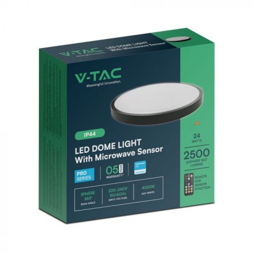 V-TAC LED mennyezeti lámpa 24W 4000K IP44 (SAMSUNG CHIP) Mikrohullámú mozgásérzékelővel, Fekete, Kör - 76701-24