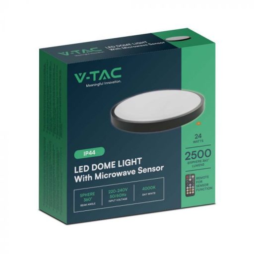 V-TAC LED mennyezeti lámpa távirányítóval 24W 4000K IP44 Mikrohullámú mozgásérzékelővel, Fekete, Kör - 76701