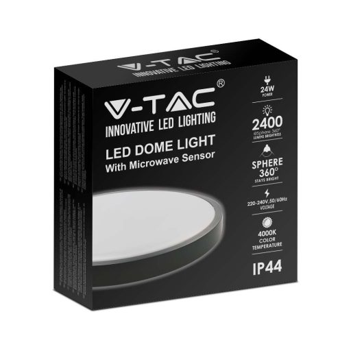 V-TAC LED mennyezeti lámpa 24W 4000K IP44 Mikrohullámú mozgásérzékelővel, Fekete, Kör - 7670