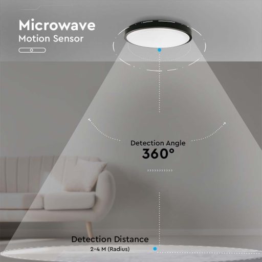 V-TAC LED mennyezeti lámpa 24W 4000K IP44 Mikrohullámú mozgásérzékelővel, Fekete, Kör - 7670