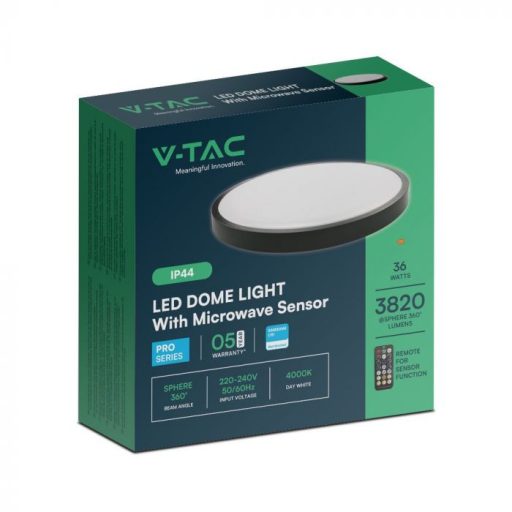 V-TAC LED mennyezeti lámpa 36W 4000K IP44 (SAMSUNG CHIP) Mikrohullámú mozgásérzékelővel, Fekete, Kör - 76711-24