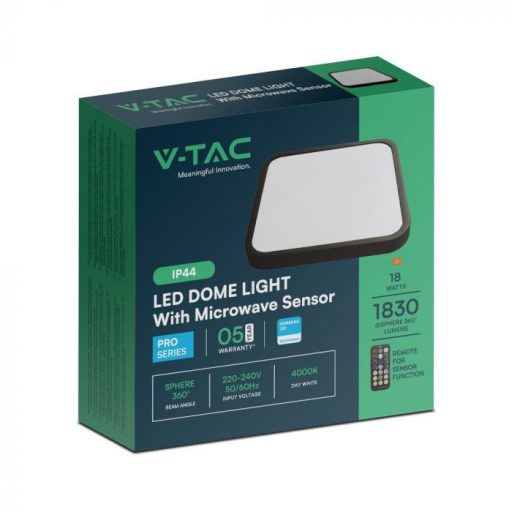 V-TAC LED mennyezeti lámpa 18W 4000K IP44 (SAMSUNG CHIP) Mikrohullámú mozgásérzékelővel, Fekete, Négyzet - 76721-24