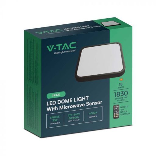 V-TAC LED mennyezeti lámpa távirányítóval 18W 4000K IP44 Mikrohullámú mozgásérzékelővel, Fekete, Négyzet - 76721