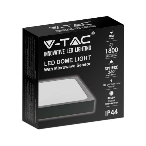 V-TAC LED mennyezeti lámpatest, mikrohullámú mozgásérzékelővel, fekete 24W 4000K IP44 - 7673