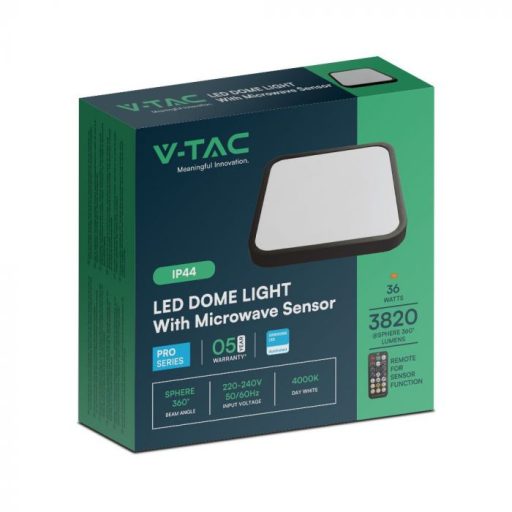 V-TAC LED mennyezeti lámpa 36W 4000K IP44 (SAMSUNG CHIP) mikrohullámú mozgásérzékelővel, fekete, négyzet - 76741-24