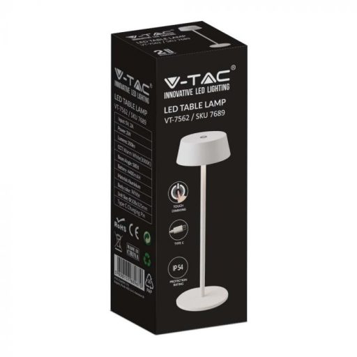 V-TAC 2W LED Tölthető Asztali lámpa - 4400mAh Fehér 3000K - 7689