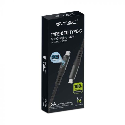 V-TAC 1M C-C Típusú USB kábel fekete - 7746