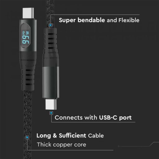 V-TAC 1M C-C Típusú USB kábel fekete - 7746