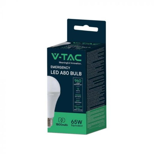 V-TAC LED izzó  VÉSZVILÁGÍTÓ FUNKCIÓVAL, KÉSZENLÉTI AKKUMULÁTORRAL E27 A80 12W 4000K GÖMB- 7794
