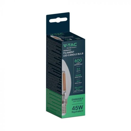 V-TAC Átlátszó LED izzó filament COG  E14 C35 5.5W 4000K gyertya dimmelhető - 7807